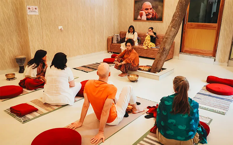 Sound healing community at Haritha International Sound Healing School in Rishikesh